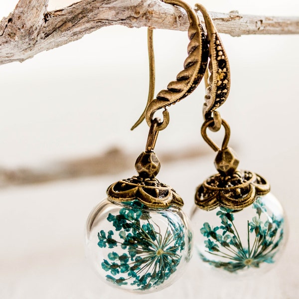 Boucles d'oreilles Real Flower bleu, lilas ou blanc, boucles d'oreilles vintage en dentelle Annes, boucles d'oreilles boule de verre, boucles d'oreilles globe de verre, marguerite, boucles d'oreilles faites à la main