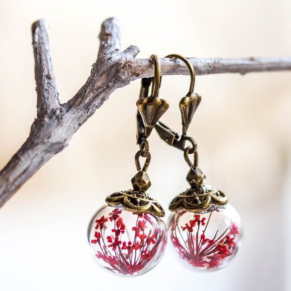 Real Flower earrings,  Anne's lace dangle earrings, nature jewelry, red flower gifts, Christmas, gifts for women, present for her