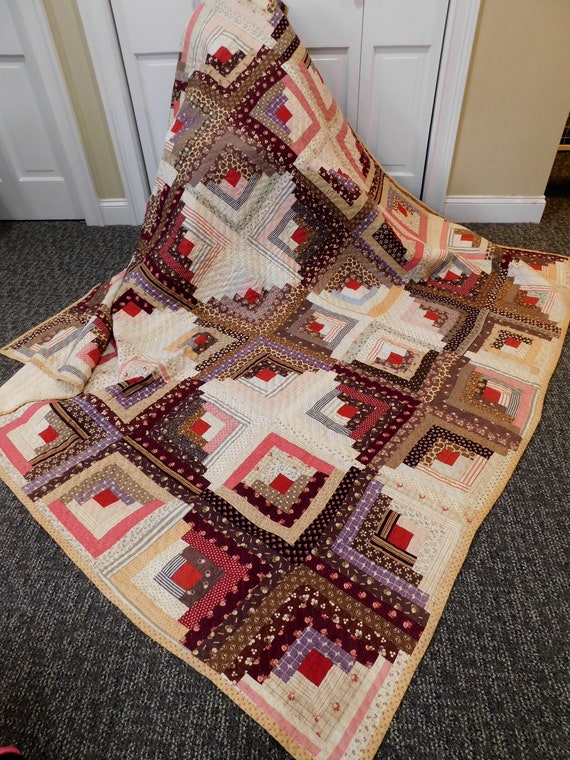 Mid 1800 S Log Cabin Quilt Hand Quilted 78 X 77 Etsy