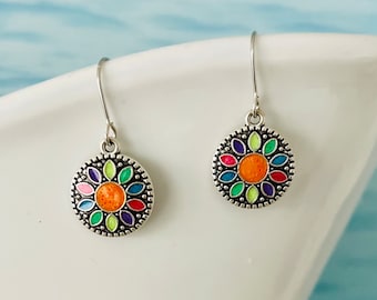 Small round earrings silver colorful hanging* dainty colorful boho earrings* silver orange flower blossom earrings *Hippie earrings small