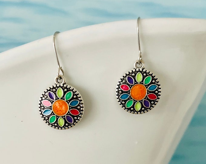 Small round earrings silver colorful hanging* dainty colorful boho earrings* silver orange flower blossom earrings *Hippie earrings small