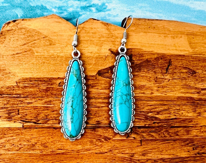 Long drop earrings blue turquoise green, statement earrings drop-shaped hanging, hanging earrings with stone, boho earrings pear, gift cowgirls