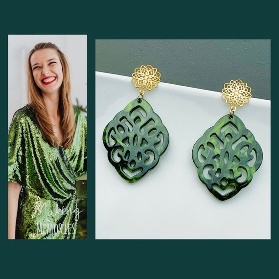 Light earrings large gold green silver/resin drop earrings light/green statement earrings olive ornament hanging/leaf/boho/wedding