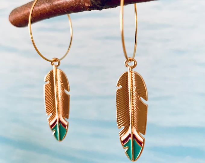 Hoop earrings gold with pendant*Feather earrings Boho*Feather earrings turquoise*Hoop earrings gold*Earrings feather gold*Ethno earrings
