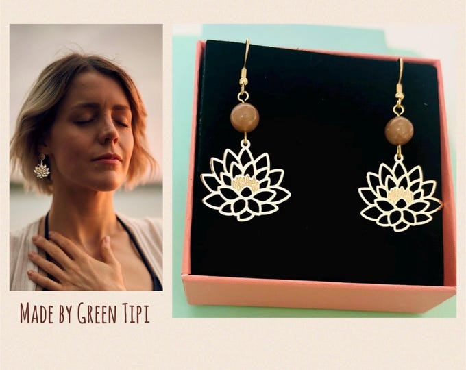 Gemstone earrings gold-plated*Gemstone earrings gold*Lotus earrings*Lotus flower earrings hanging*Spiritual earrings hanging earrings*Gift