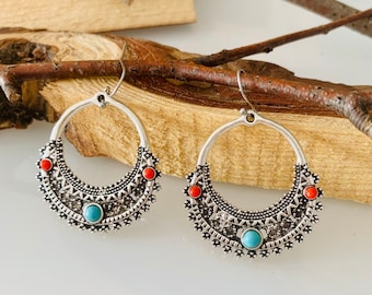Boho earrings hoops*Earrings Boho round*Turquoise earrings ethno*Boho jewelry*Round hanging earrings