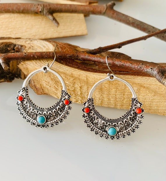 Western earrings silver round hanging/turquoise silver red circle hanging earrings/ethno boho hippie Indian jewelry/cowgirl festival earrings lady