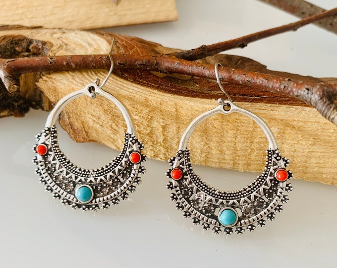 Boho earrings hoops*Earrings Boho round*Turquoise earrings ethno*Boho jewelry*Round hanging earrings