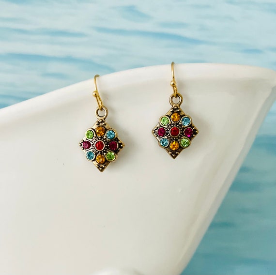 Small colorful boho earrings hanging rhinestone stones crystal/gold flower/floral earrings/hippie/geometric hanging earrings/vintage earrings