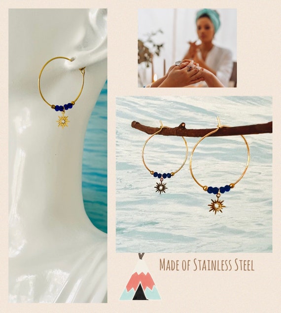 Sun hoops sun/gold blue hoops/hanging/ethnic hoops blue/round hoop earrings/yoga/star pendant/gift woman