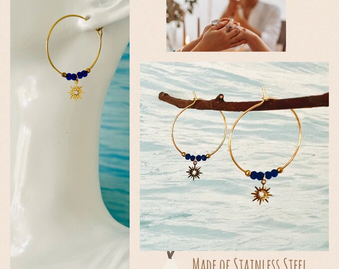 Hoop earrings gold with blue stones, hoop earrings with sun pendant, ethnic hoop earrings blue, round hoop earrings with star pendant, gift