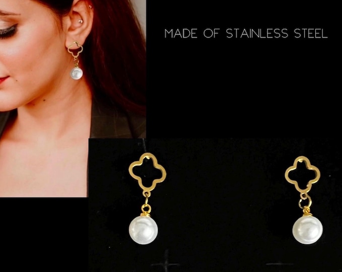 Clover leaf earrings hanging gold*golden clover earrings*clover leaf earrings hanging*pearl earrings hanging*pearl earrings gold*pearl stud earrings