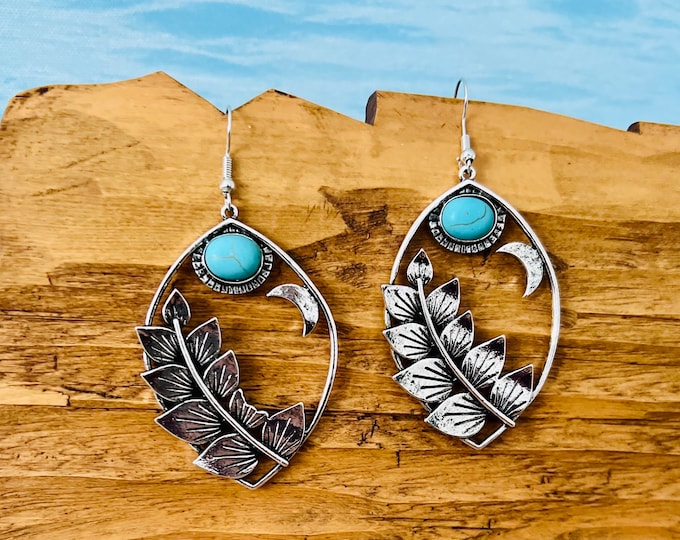 Ethno Ohrringe mit türkis*Boho Ohrringe silber*große Hippie Ohrringe hängend*Blatt Ohrringe*Ethno Ohrringe silber gross*Geschenk Cowgirls