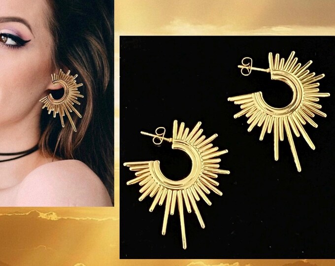 Hoop earrings sun gold*Sun earrings gold*Golden sun earrings*Boho earrings sun gold*Sun hoop earrings*Statement hoop earrings gold*Sun earrings