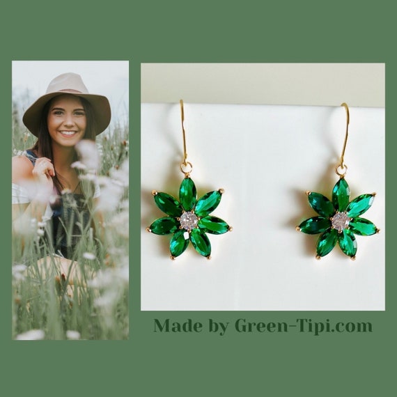 Flower blossom floral hanging earrings gold green/emerald green green crystal earrings hanging/eye-catching dark green glitter earrings wedding