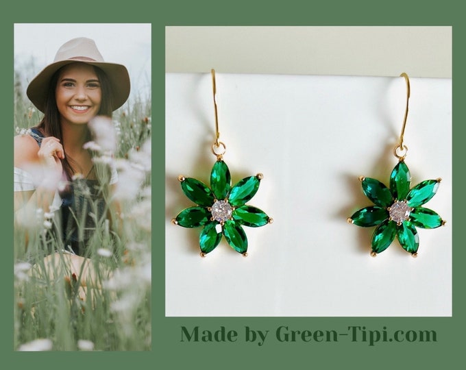 Green earrings hanging, flower blossom earrings gold green stone/emerald green earrings, dark green flower earrings, gift flower children