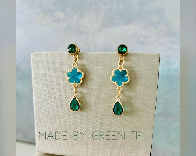Cloverleaf earrings hanging blue*Crystal earrings yellow gold*Cloverleaf earrings gold*Glass crystal earrings green*Earrings flower blue*Gift