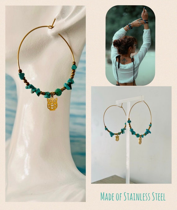 Turquoise gold hoop earrings/hoop earrings/big hoop earrings/statement earrings/boho drop earrings/native american jewelry/unique gift for her/woman