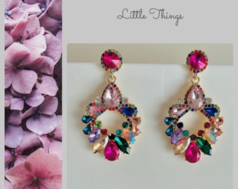 Colorful earrings large*Crystal earrings pink*Dangle earrings large colorful*Colorful earrings Boho*Crystal petals earrings*Earrings pink glitter