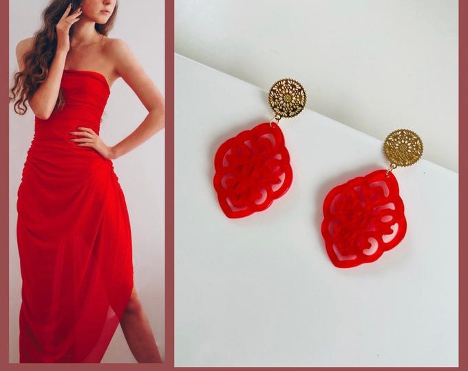 Red earrings statement*Red earrings silver*Red earrings resin*Red earrings silver*Earrings red ornament*Earrings red pendant*Boho