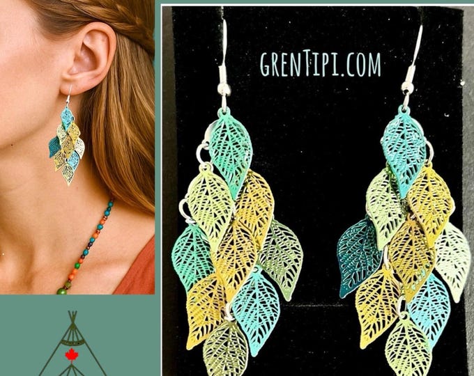 Green leaf earrings*Green hanging earrings*Green silver earrings*Long drop earrings Boho style*Green leaf earrings*Long light earrings