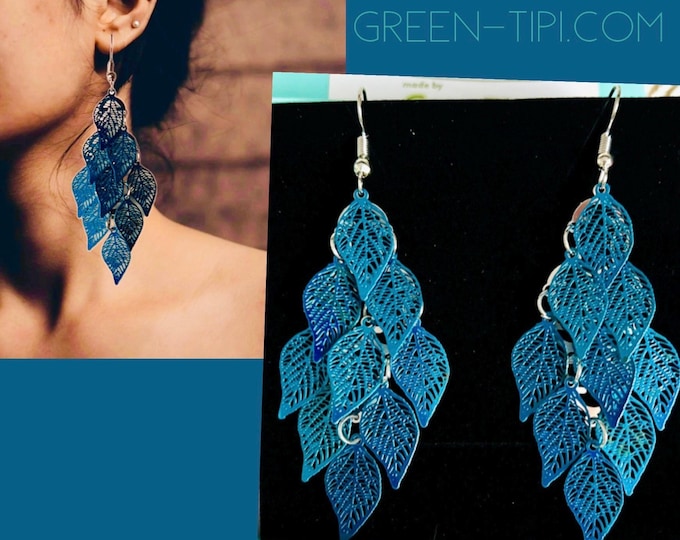 Boho earrings silver blue*long hanging earrings*light hanging earrings*dangling leaf earrings*blue hippie earrings*large blue earrings