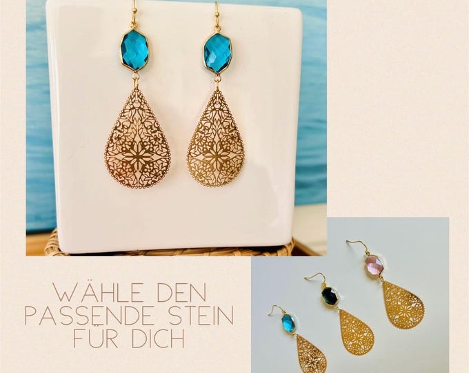 Turquoise earrings ornament*Golden earrings hanging*Earrings gold hanging with stone*Earrings gold hanging large*Crystal earrings long