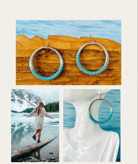 Large long hoop earrings silver turquoise blue/hoop earrings/creoles/XL statement earrings hanging/summer party earrings/circle round creole/