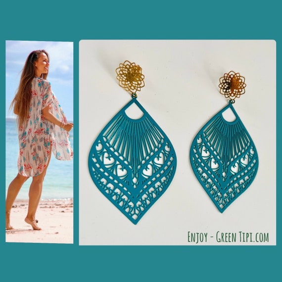 Turquoise gold earrings large long hanging/Large hanging earrings green/Drop statement earrings/Leaf/Feather/Boho ornament wedding party earrings