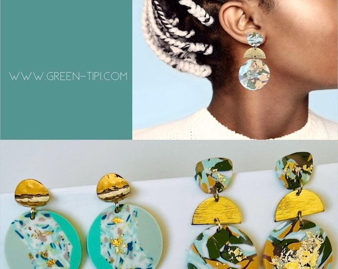 Polymer Clay Earrings GREEN GOLD*Polymer Clay golden green*Boho Statement Earrings green beige*Polymer Clay Earrings Circle*Clay Earrings Circle