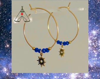 Hoop earrings sun gold*Hoop earrings boho style*Sun hoop earrings*Hoop earrings gold blue*Hoop earrings gold with stones*Hoop earrings thin filigree with star*Hoop earrings fine