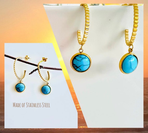 Gold turquoise hoop earrings/round blue dangling earrings/summer blue stud earrings/open hoop earrings/hoop earrings/golden earrings/gift woman