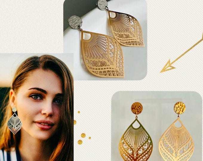 Leaf earrings gold studs*Ornament earrings gold*Large hanging earrings gold*Bicolor earrings hanging*Statement earrings gold light