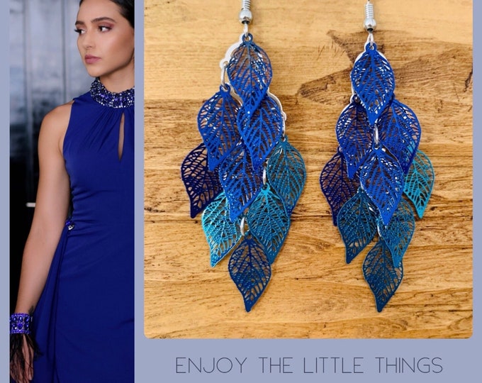 Leaf earrings hanging*Blue earrings hanging*Long light earrings*Blue earrings silver*Blue earrings hippie*Dangle earrings blue
