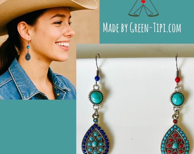 Turquoise earrings long*Ethno earrings turquoise silver*Boho earrings with stone*Drop earrings*Turquoise earrings with red rocaille*Dangle earrings