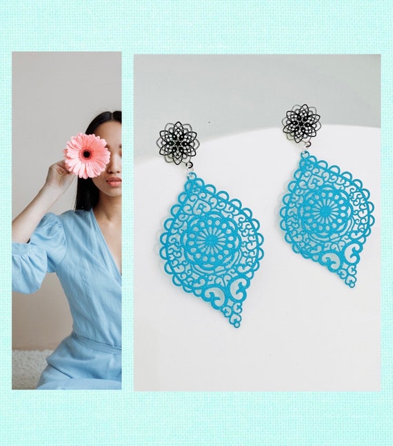 Large hanging earrings turquoise light blue silver blue/ drop statement earrings hanging/ leaf boho ornament wedding earrings/ glamour party
