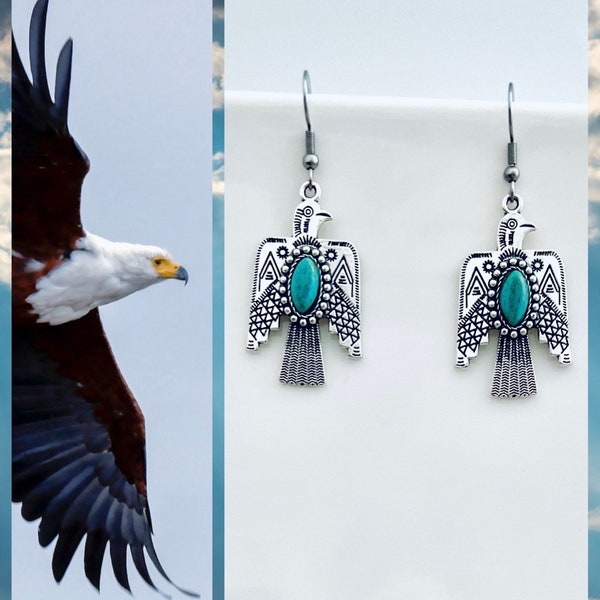 Indianer Ohrringe türkis silber/Adler Eagle Hängeohrringe/ethno Ohrhänger blau/Kanada/Statement Thunderbird/Festival/Boho Hippie/Donnervogel