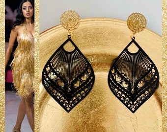 Black earrings studs hanging*Earrings black statement*Earrings black gold*Earrings black flat*Ornament earrings*Leaf earrings