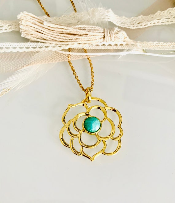 Lotus blossom gold necklace/Amazonite/Flower of Life/Flower of Life/Yoga/Mandala/Boho/Hippie/Statement Necklace/Folklore/Ethno/Talisman/Gift for Her
