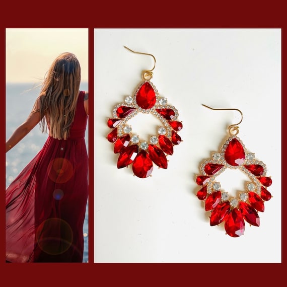 Red long crystal earrings hanging red gold/large statement earrings teardrop shape drop leaf/eye-catching crystal earrings/boho wedding