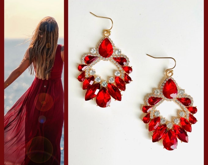 Hanging earrings red*Red earrings gold*Red earrings large*Red crystal earrings hanging*Red earrings glass crystal*Red earrings with stone