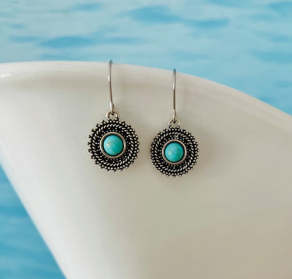 Small round turquoise silver earrings hanging/cute blue hanging earrings light/Boho/Hippie/Indian jewelry/circle earrings/ethnic silver jewelry