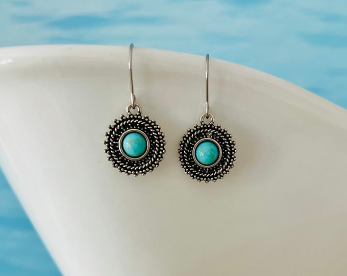 Boho round earrings*Turquoise earrings silver*cute earrings*Cowgirls gift*small earrings blue*enamel earrings*ethnic earrings with gemstone