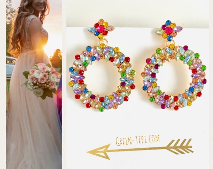 Colorful earrings crystal*Round earrings colorful*Statement earrings colorful*Glitter earrings hanging gold*Statement earrings boho*Glass earrings