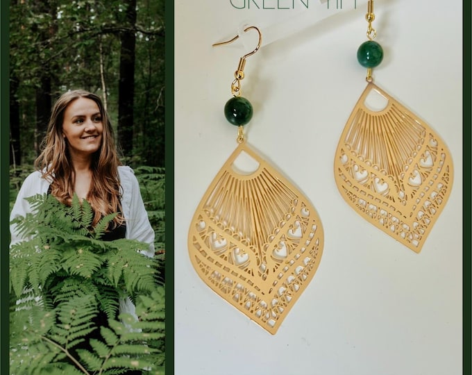 Gemstone earrings gold*Gemstone earrings hanging green*Gemstone earrings large silver*Ornament earrings*Leaf earrings gold*Boho jewelry