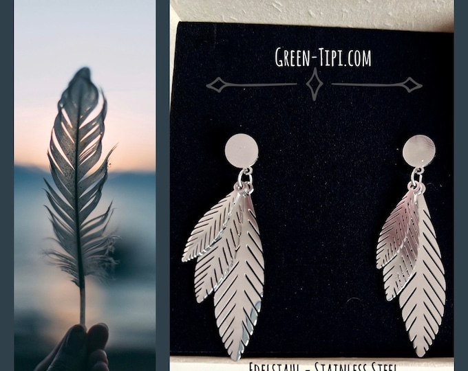 Earrings hanging silver feather, silver hanging earrings slightly long dangling, ethno ear studs allergy-free, boho festival earrings made of stainless steel