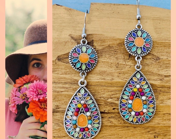 Earrings orange colorful*Colorful earrings Boho Hippie*Colorful earrings hanging*Dangle earrings long colorful*Earrings colorful beads*Earrings orange