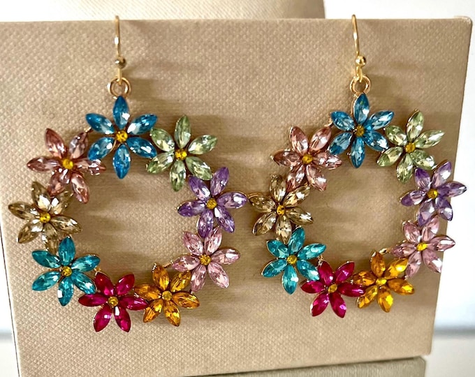 Earrings glitter flower*Glitter earrings round*Colorful earrings crystal*Earrings flowers pink*Earrings Boho wedding*Glitter earrings hanging
