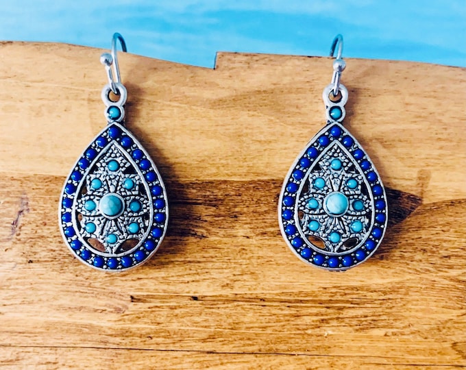 Ethno earrings turquoise silver*drop earrings hanging*Indian jewelry*Boho jewelry*small earrings with blue pearls*Cowgirls gift