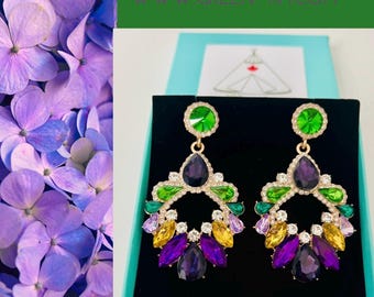 Purple earrings*Earrings colorful crystals*Colorful earrings glass crystal*Green earrings statement*Green earrings gold*Elegant earrings glittering
